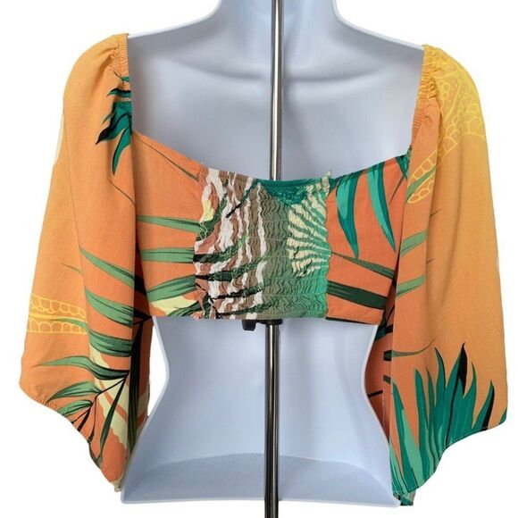 Palm Print O Ring Top Crop Blouse Size M - Picture 2 of 5